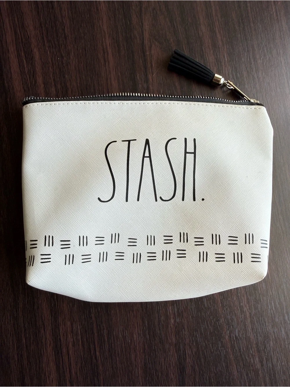 Rae Dunn STASH Makeup Bag Zip Pouch Tassel Pull White/Black PVC Polyester